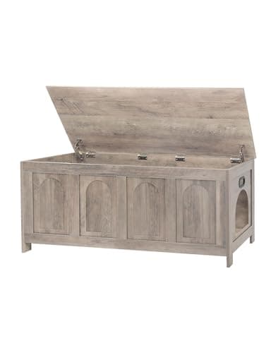 DINZI Sturdy Rustic Brown Litter Box Enclosure, Flip Top Cat House Furnishing — Greige