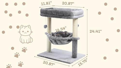Sturdy 24-inch Multi-Level Cat Tree with Hammock & Scratching Post - Light Gray