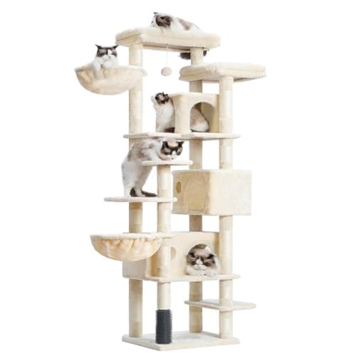 Smoky Gray Hey-brother 74" Multi-Level Cat Tree with 3 Condos & 2 Decks for Indoor Cats MPJ035 — Beige
