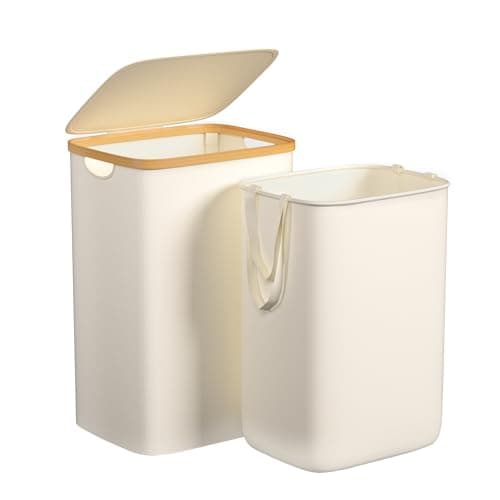 Large 100L Waterproof Laundry Basket, Collapsible with Bamboo Handles, Black — Beige