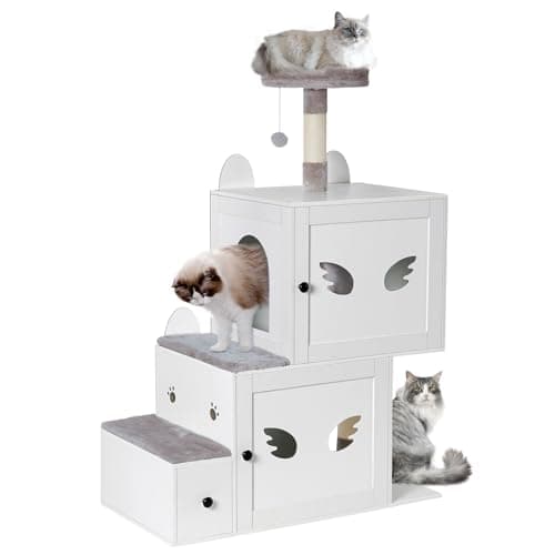 Snughome White 3-in-1 Wooden Cat Tower with Hidden Litter Box-Stairs