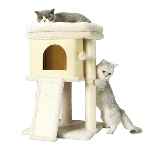 Indoor Cat Tree with Scratching Post and Grooming Brush, Brown — Beige