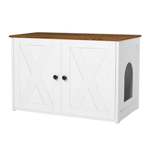 Dwanton Reversible Cat Litter Box Enclosure, Greige Wooden Furniture — White+Warm Brown