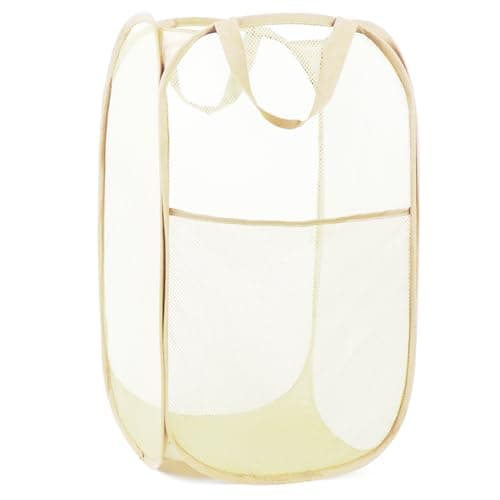 Reinforced Pink Collapsible Laundry Hamper with Side Pocket & Carry Handles — Beige