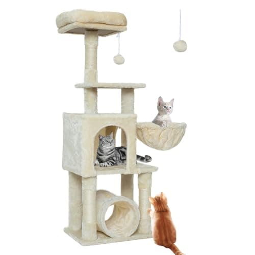 Gothic 49-Inch Cat Tree with 3 Scratching Posts & Tunnel for Indoor Cats — Beige