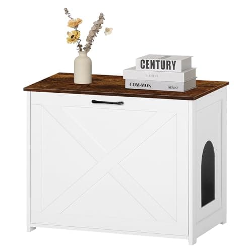 Dwanton Cat Litter Box Furniture with Reversible Entrance — White+Rustic Brown