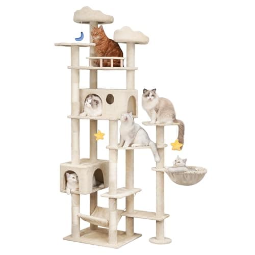 Giant Smoky Gray Cat Tree for Big Cats & Maine Coons, Tall Scratching Tower — Beige