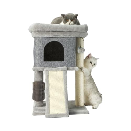 Indoor Cat Tree with Scratching Post and Grooming Brush, Brown — Gray