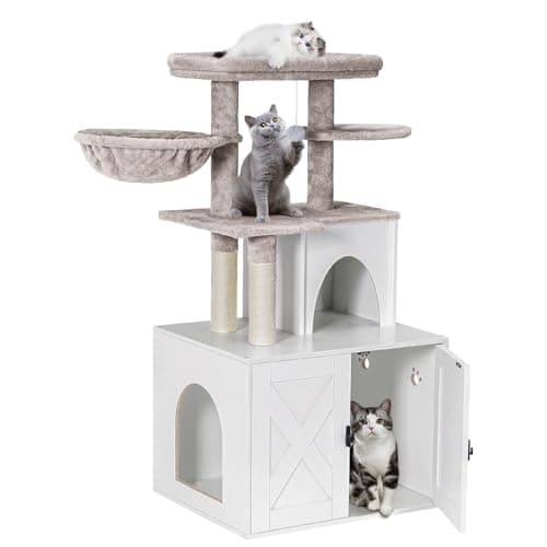 Snughome Cat Litter Box Enclosure with Cat Tree Tower, Condo, and Scratching Post — White
