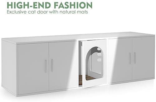 2 Cat Litter Box Enclosure, Double Room Wooden Furniture with Cat Door, White