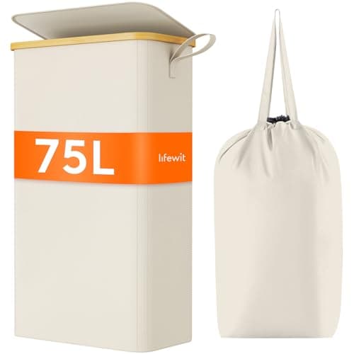 Lifewit 65L Slim Laundry Hamper with Lid & Bamboo Handles, Dark Gray — White