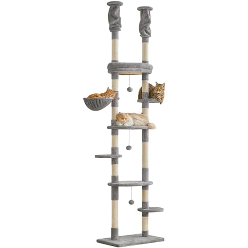 Adjustable Floor to Ceiling Cat Tower with 7 Tiers and Scratching Posts - Ideal for Indoor Cats — Light Grey