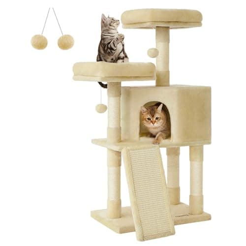 Feandrea Light Gray 45.3-Inch Cat Tower with Scratching Post and Cave — Beige