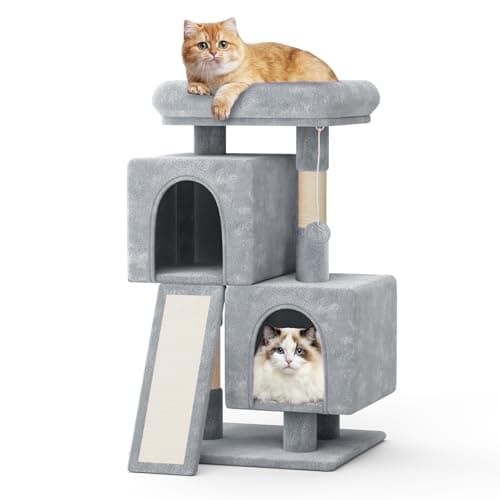 MoNiBloom 34 Inch Cat Tree Tower with 2 Condos & Scratching Post — Light Grey