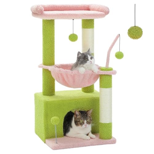 PEQULTI 4-in-1 Multi-Level Pink Cat Tower with Hammock & Scratching Post