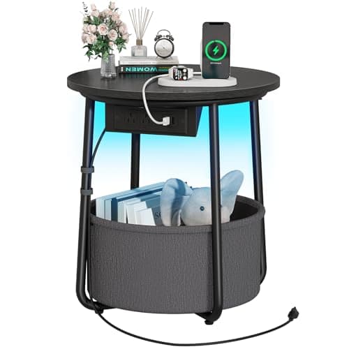 Yoobure LED Night Stand with Charger, Round Storage Table for Living Room or Bedroom — Black