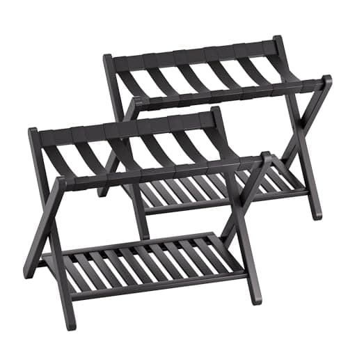 SMIBUY Foldable Bamboo Luggage Rack with Storage, Set of 2 (Natural) — Black