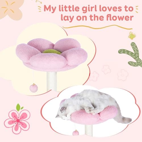 Flower Cat Tree 46 Inches, Medium Size with Hammock & 3 Scratching Posts - Pink