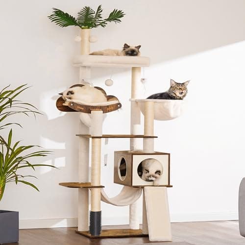 Hebly Wood Cat Tree for Large Cats with Groomer, Scratcher, Hammock & Ball, Rustic Brown