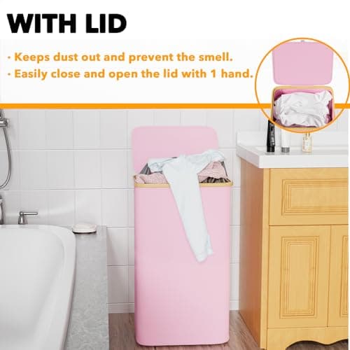 Large Capacity Collapsible Laundry Hamper with Bamboo Handles - Pink