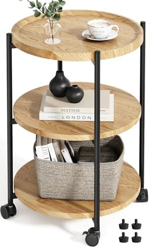 Modern 3-Tier Side Table with Wheels, Black, for Living Room or Bedroom — Natural Wood