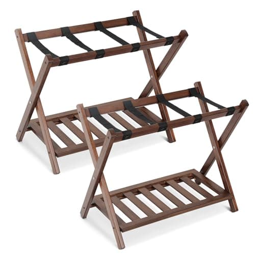 Babion 2-Tier Foldable Luggage Rack with Shelf,Heavy Duty Nylon Belts, 4 Pack — 2 Pack Brown
