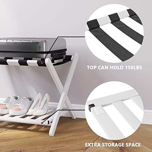 White Bamboo Luggage Rack, 5 Straps, Heavy Duty & Foldable, Shoe Shelf Included