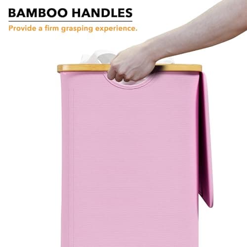 Large Capacity Collapsible Laundry Hamper with Bamboo Handles - Pink