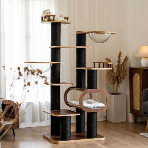Modern 71'' Black Solid Wood Cat Tree, Multi-Level with Transparent Bed