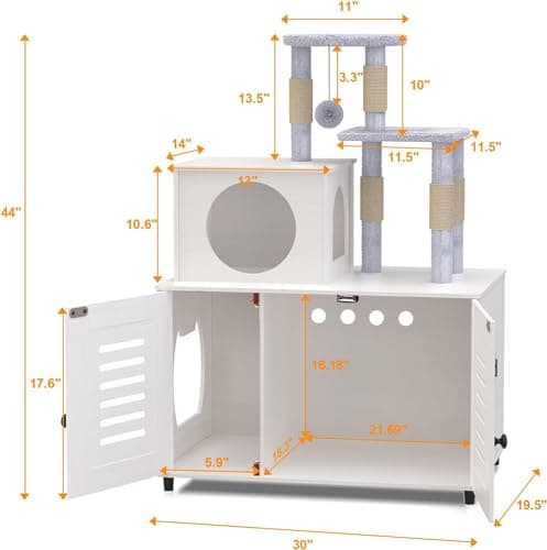 White All-in-One Cat Cabinet with Litter Box, Scratching Post, Soft Perch & Divider