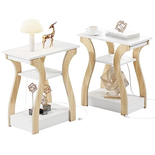 White End Table with Charging Station for Living Room and Bedroom Storage Shelf — White
