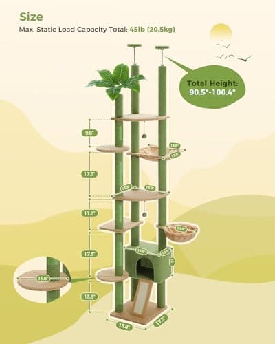 PEQULTI Floor to Ceiling Cat Tree Tower with Condo, Hammock & Scratching Post, Green