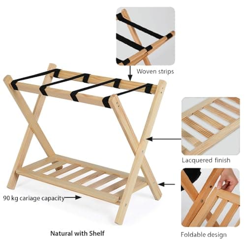 Wooden Luggage Racks Set of 3, Foldable with Storage Shelf, Hotel Suitcase Stand