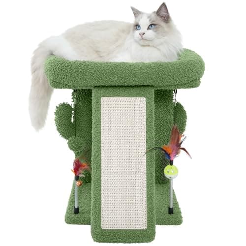 TWDEPART Grey Cat Tree Tower with Scratching Post and Playful Toy Balls — Green