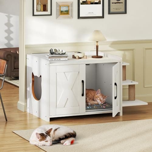 YITAHOME 27" Cat Litter Box with Scratching Post & Cushion, White