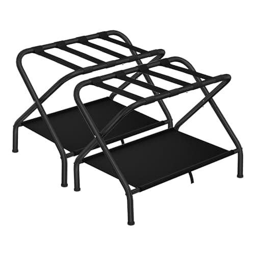 Dunatou Black Folding Luggage Rack, Set of 2, Sturdy with Storage Shelf, Hold Up to 200 lb