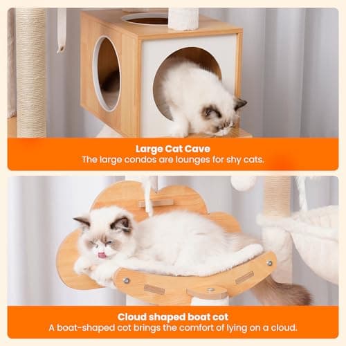 Modern Walnut Cat Tree with Self Groomer, Basket, Hammock, and Dangling Ball for Large Indoor Cats