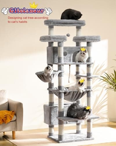 Large Multi-Level Cat Tree for Indoor Cats with 3 Platforms and 2 Condos in Light Gray