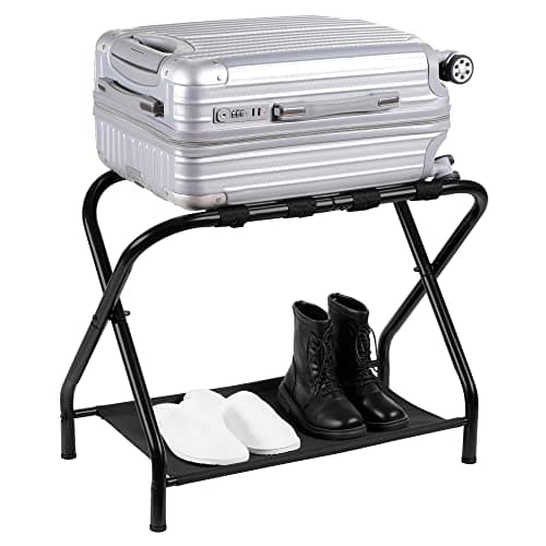 Steel Folding Luggage Rack with Storage Shelf, Black
