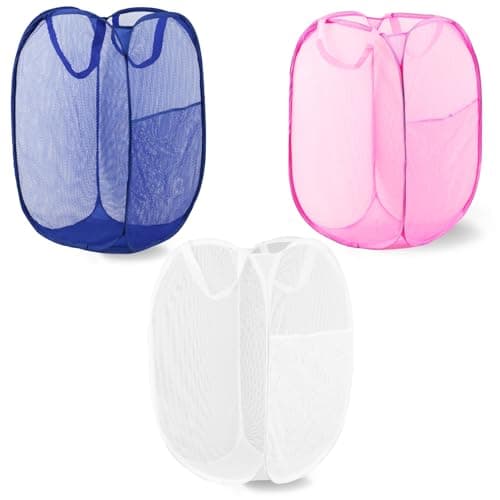 Collapsible Pink Pop Up Laundry Hamper for Travel and Storage — 3P White+Pink+Blue