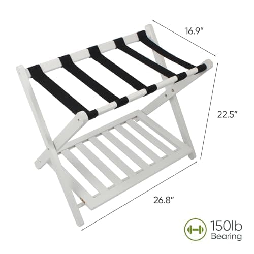 White Bamboo Luggage Rack, 5 Straps, Heavy Duty & Foldable, Shoe Shelf Included