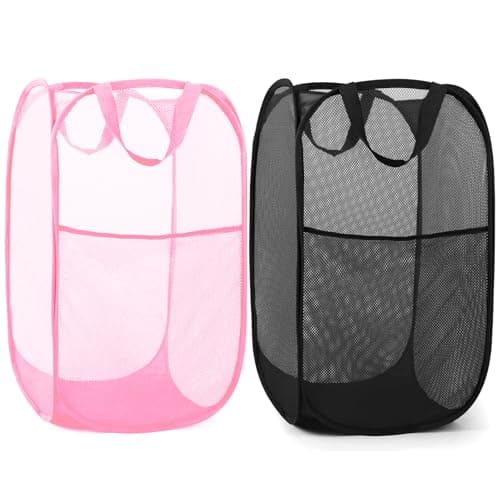 Reinforced Pink Collapsible Laundry Hamper with Side Pocket & Carry Handles — Pink+Black