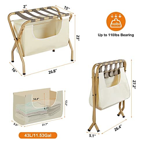Elyken Gold 2 Pack Luggage Rack with Laundry Bag, Max 110Lbs Storage Shelf