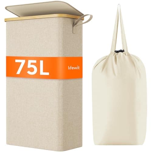 Lifewit 65L Slim Laundry Hamper with Lid & Bamboo Handles, Dark Gray — Beige