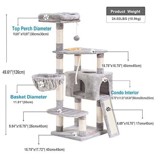 Heybly Multi-Level Cat Tree with Scratching Board & Feeding Bowl - Light Gray