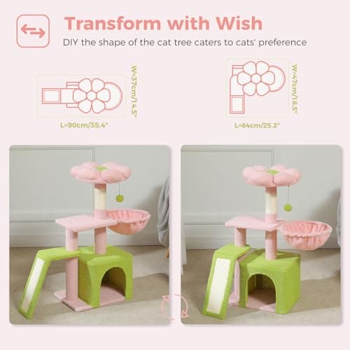32 PETEPELA Pink Cat Tree for Indoor Cats with Scratching Ramp, Hammock, and Flower Bed Perch