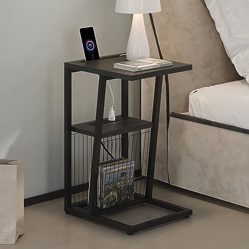C Shape Side Table with Charging Station and Phone Holder for Small Spaces