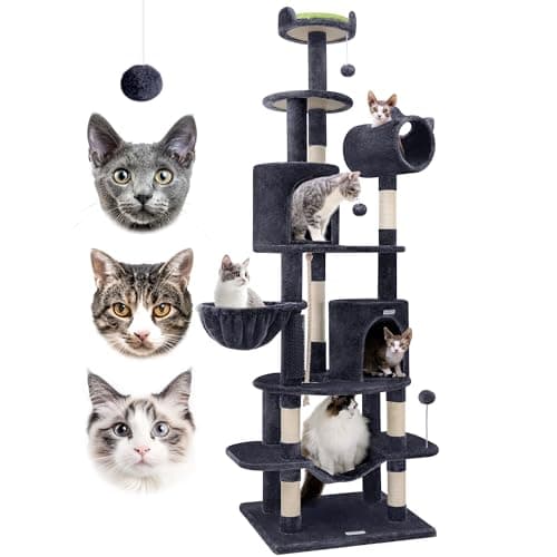 Tall Cat Tower 81-inch, Curved Series Cat Condos with Scratching Post, Hammock, Tunnel — Dark Grey