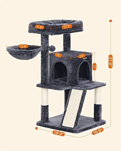 Feandrea Smoky Gray Cat Tree, Large Cat Tower 37.8" Multi-Level Condo