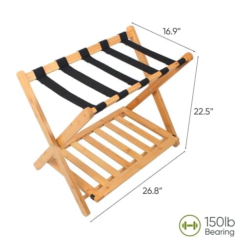 Fully Assembled Bamboo Luggage Stand with Storage, 5 Nylon Straps, Heavy Duty, Natural